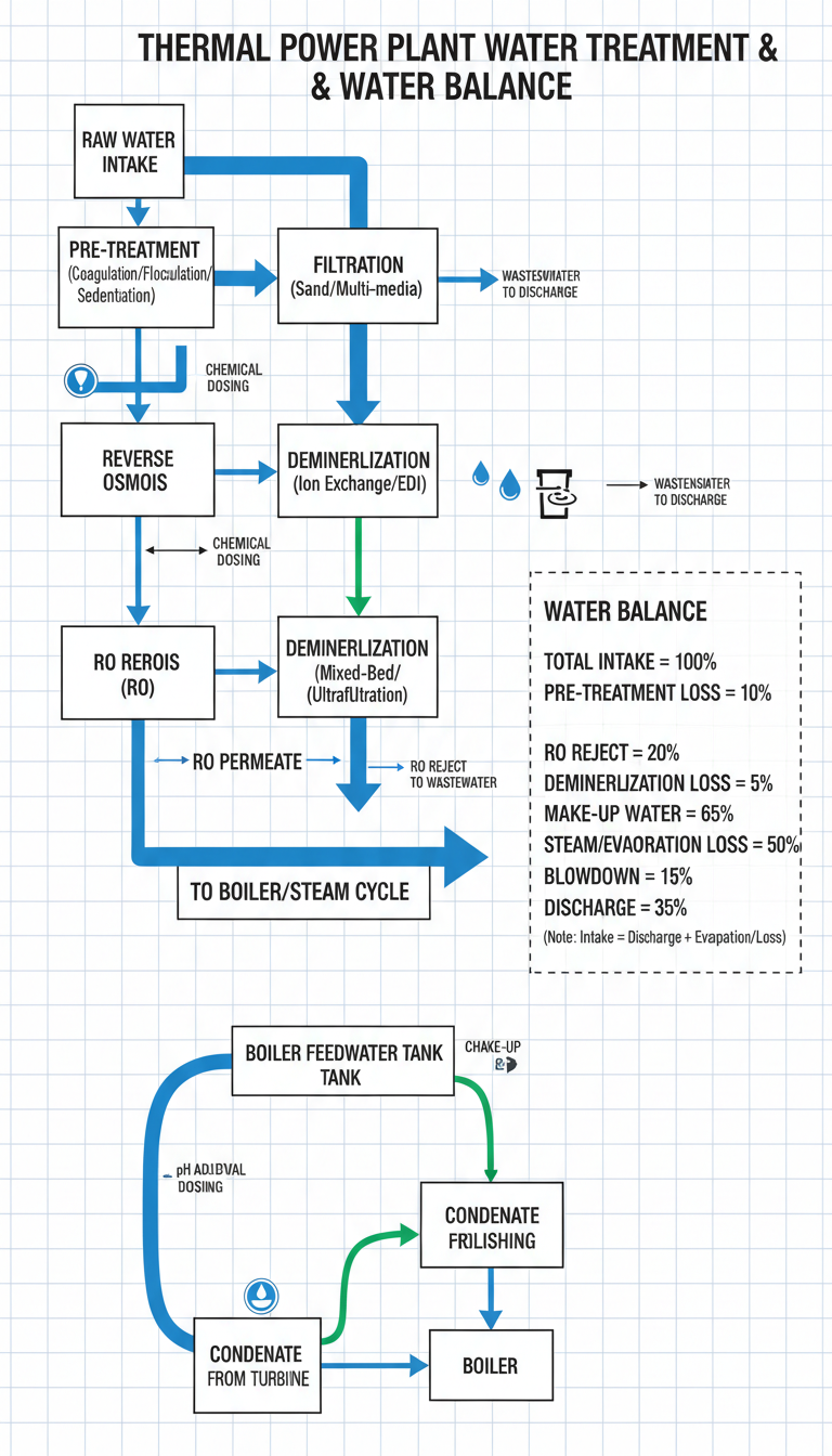 flow chart of a thermal power plant's water treatment system with a water balance