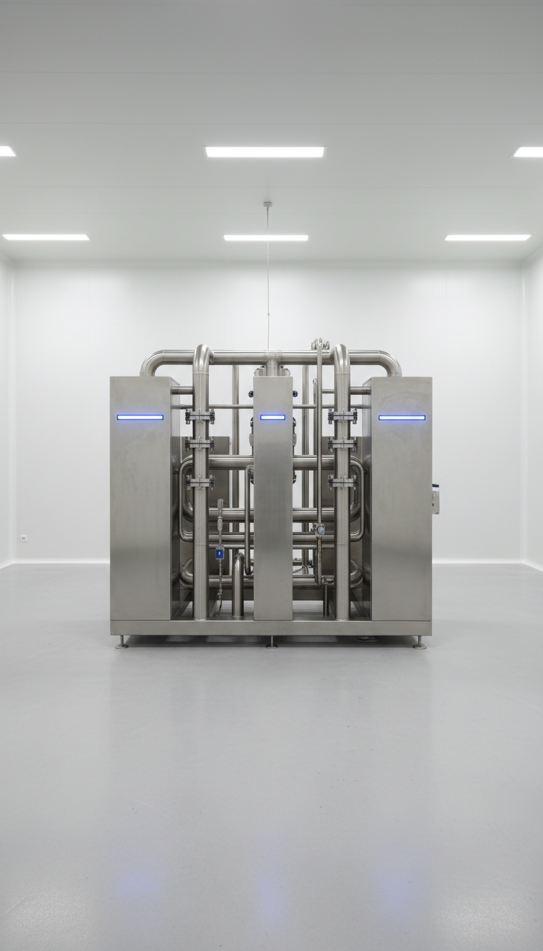 A sleek, high-gloss industrial water treatment system constructed from stainless steel with precisely machined pipes and valves, highlighted by subtle blue LED indicators along the panels. The unit is positioned in a spotless, modern plant facility with smooth concrete floors and clean white walls, minimal background distractions. Neutral overhead LED lighting creates consistent, soft highlights across the metallic surfaces, with gentle shadows emphasizing geometric forms. The mood is professional and efficient, evoking technological reliability. Photographed from a slightly elevated, centered angle with sharp focus throughout for visual clarity. The composition emphasizes structured, balanced lines and a minimalist, corporate aesthetic perfectly aligned with a leading engineering business.