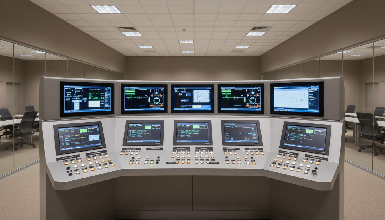 A high-resolution image of an automated control panel featuring a series of illuminated touchscreens, active status indicators, and meticulously labeled stainless steel buttons set against a brushed aluminum surface. The panel is situated in a spacious, organized control room with neutral taupe walls, glass partitions, and minimalistic furnishings. Discrete ceiling lights provide uniform, diffuse illumination, allowing each display and control element to pop subtly without harsh glare. The composition is shot straight-on for a corporate, structured look, conveying precision, technological advancement, and calm, methodical workflow. The neutral color palette and clean photographic style underscore the businesslike, professional personality of the brand.