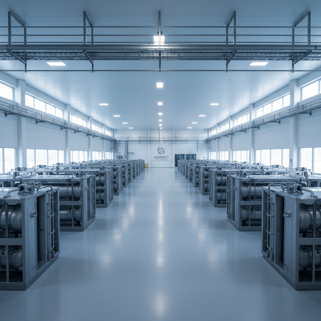 A panoramic view of a newly commissioned, large-scale industrial water treatment facility with orderly rows of modular filtration units glistening under indirect LED strip lighting. The plant features spotless resin-coated floors, minimalist cable trays, and an uncluttered layout, with polished stainless steel and neutral grey tones throughout. The facility is bathed in soft, overcast daylight streaming through high clerestory windows, casting diffuse shadows and highlighting the symmetry of the installation. Captured from a slightly elevated, wide-angle perspective with deep focus, the image conveys scale, organization, and a corporate sense of achievement—emphasizing the company’s successful delivery of major engineering projects.
