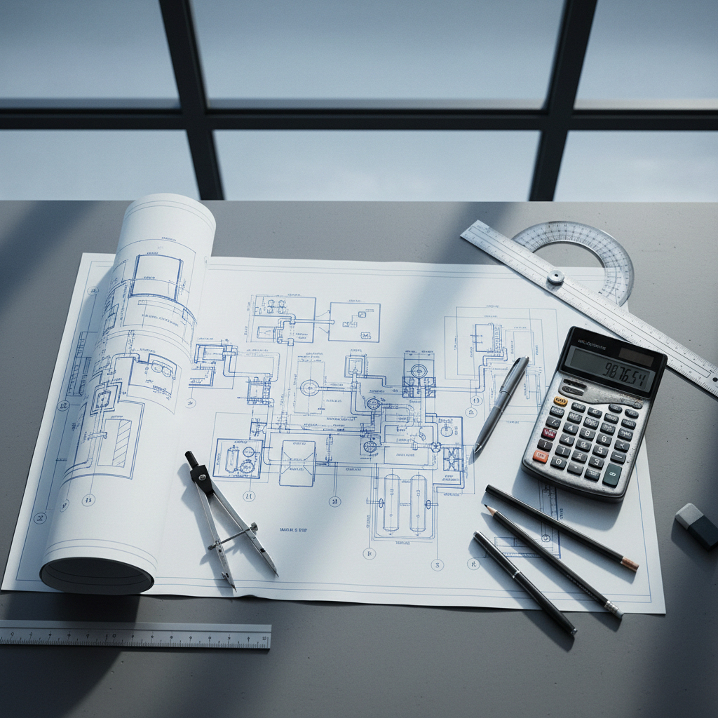 A detailed close-up of an engineer’s technical drawing table featuring crisp blueprints of an advanced water purification facility, precise measurement tools, and a metal-cased industrial calculator. The setting includes an orderly desk with a matte grey surface, minimal clutter, and a backdrop of frosted glass panels, conveying an office environment. Cool, diffused daylight from a nearby window enhances the clarity of linework and metallic accents, casting soft, subdued shadows. The atmosphere is calm, analytical, and highly professional. Captured from an overhead, rule-of-thirds composition with sharp realism and clean lines, this image embodies the structured, businesslike focus essential to a cutting-edge engineering consultancy.