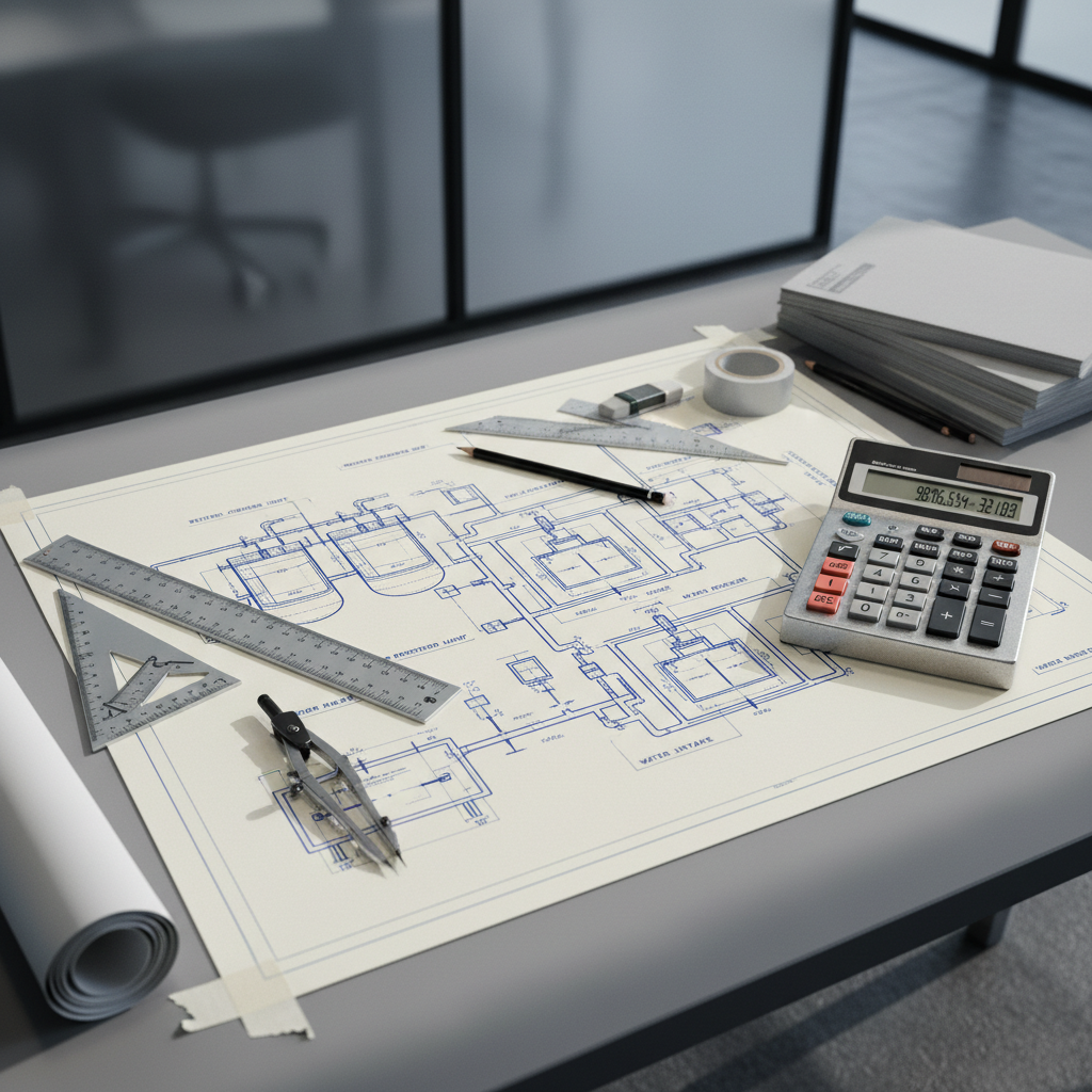 A detailed close-up of an engineer’s technical drawing table featuring crisp blueprints of an advanced water purification facility, precise measurement tools, and a metal-cased industrial calculator. The setting includes an orderly desk with a matte grey surface, minimal clutter, and a backdrop of frosted glass panels, conveying an office environment. Cool, diffused daylight from a nearby window enhances the clarity of linework and metallic accents, casting soft, subdued shadows. The atmosphere is calm, analytical, and highly professional. Captured from an overhead, rule-of-thirds composition with sharp realism and clean lines, this image embodies the structured, businesslike focus essential to a cutting-edge engineering consultancy.