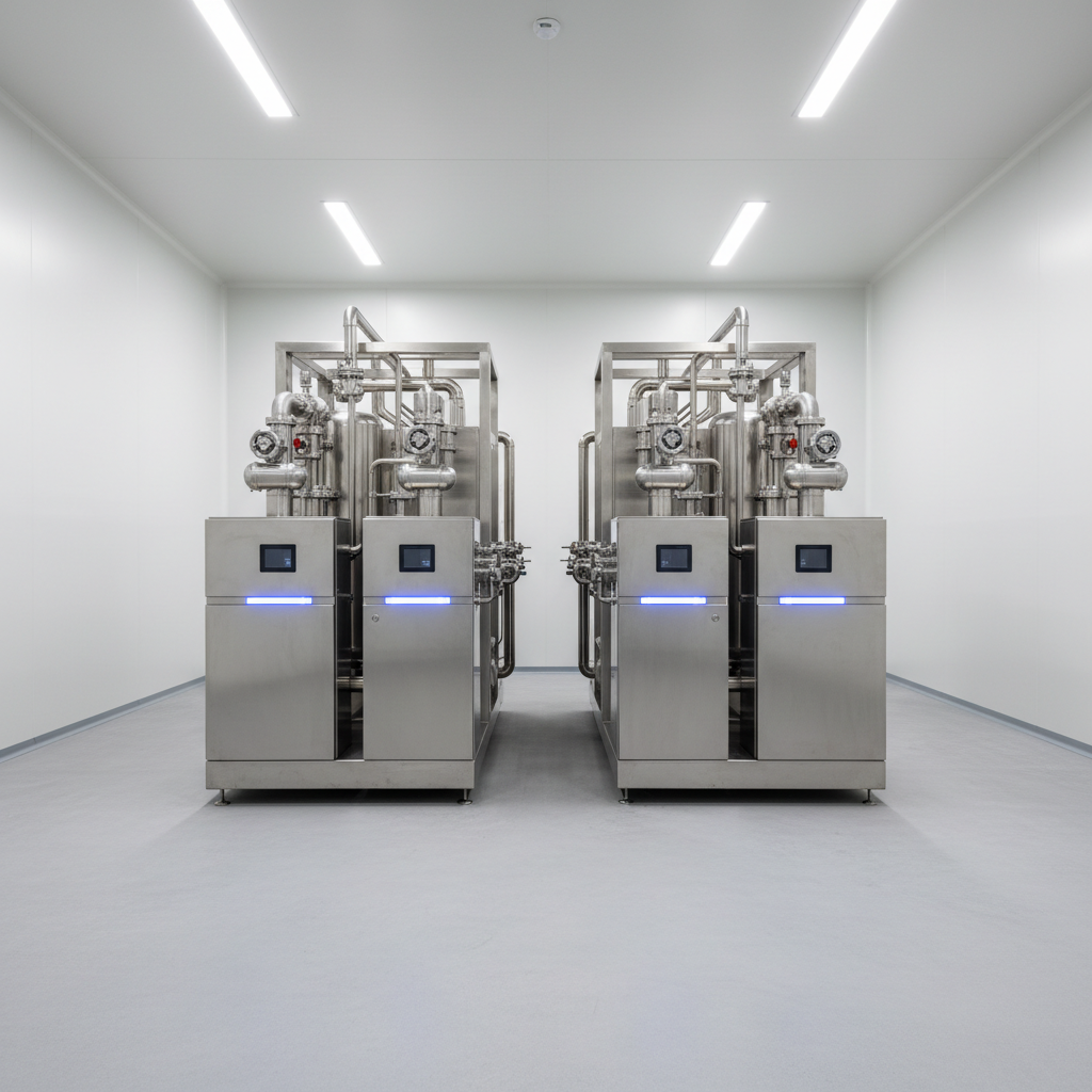 A sleek, high-gloss industrial water treatment system constructed from stainless steel with precisely machined pipes and valves, highlighted by subtle blue LED indicators along the panels. The unit is positioned in a spotless, modern plant facility with smooth concrete floors and clean white walls, minimal background distractions. Neutral overhead LED lighting creates consistent, soft highlights across the metallic surfaces, with gentle shadows emphasizing geometric forms. The mood is professional and efficient, evoking technological reliability. Photographed from a slightly elevated, centered angle with sharp focus throughout for visual clarity. The composition emphasizes structured, balanced lines and a minimalist, corporate aesthetic perfectly aligned with a leading engineering business.