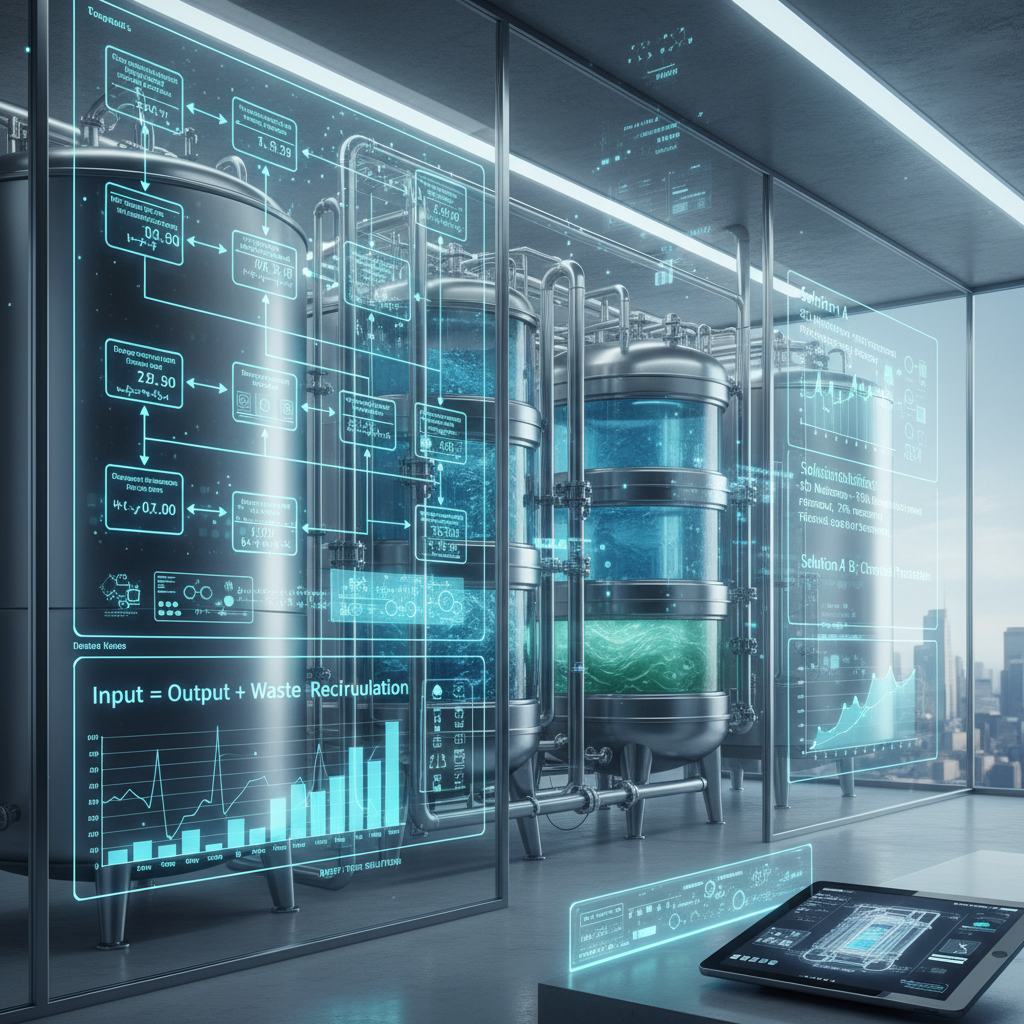 An industrial water treatment scene that visually represents material balance calculations and the technical justification of solutions in a modern, clean engineering style. Integrate elements like flow diagrams, tanks, pipes, and calculation graphics, fitting a professional water industry design.