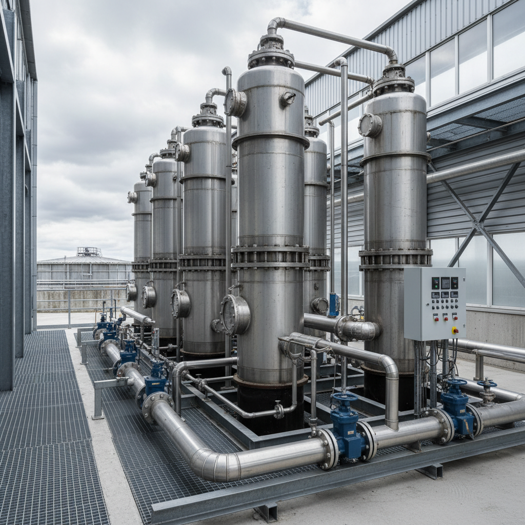 A water treatment plant in an industrial style with a focus on iodine and wastewater treatment design. The image features large stainless steel iron sorption filters, all connected by pipelines. No people present. Visual style matches the site's established water treatment engineering look.